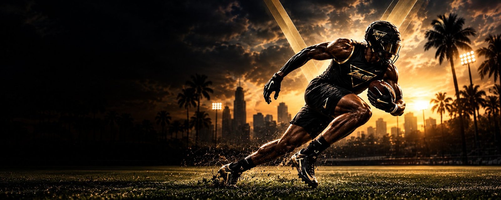 Zone Out Football athlete sprinting with the ball at sunset